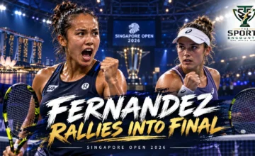 Leylah Fernandez celebrates reaching the Singapore Open 2026 final against Talia Gibson after recovering to defeat Maja Chwalinska in three sets.
