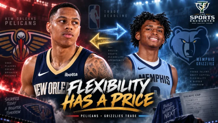 Jordan Hawkins and AJ Johnson featured in a Pelicans-Grizzlies trade graphic explaining New Orleans’ roster and salary-cap move ahead of the 2026-27 NBA season.
