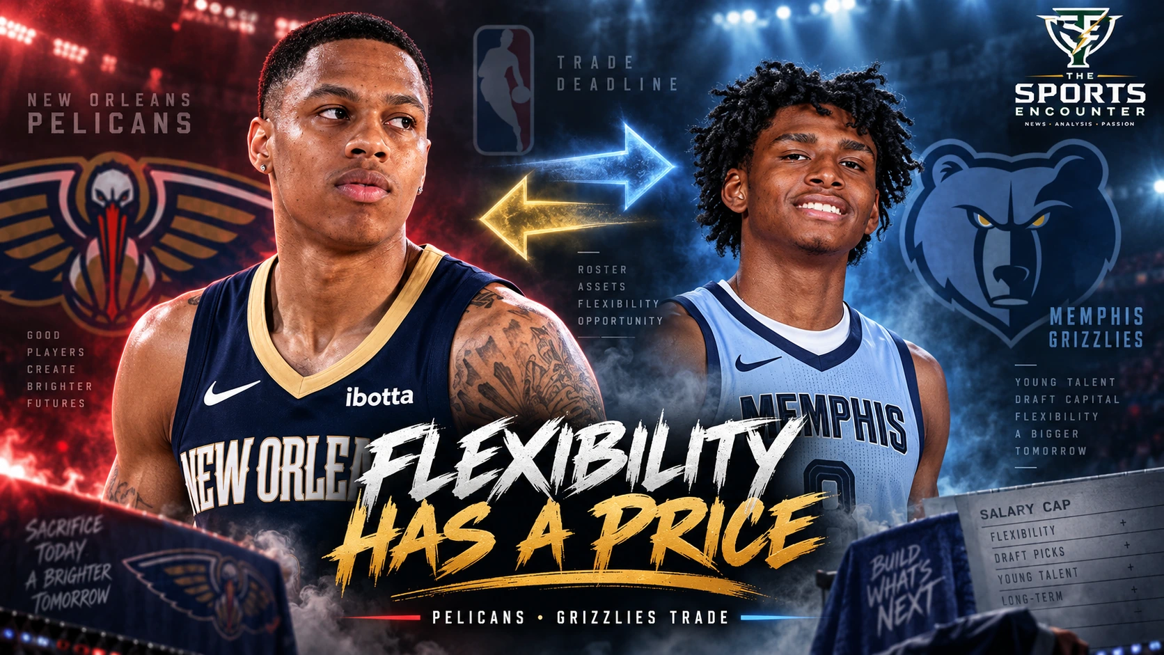 Jordan Hawkins and AJ Johnson featured in a Pelicans-Grizzlies trade graphic explaining New Orleans’ roster and salary-cap move ahead of the 2026-27 NBA season.