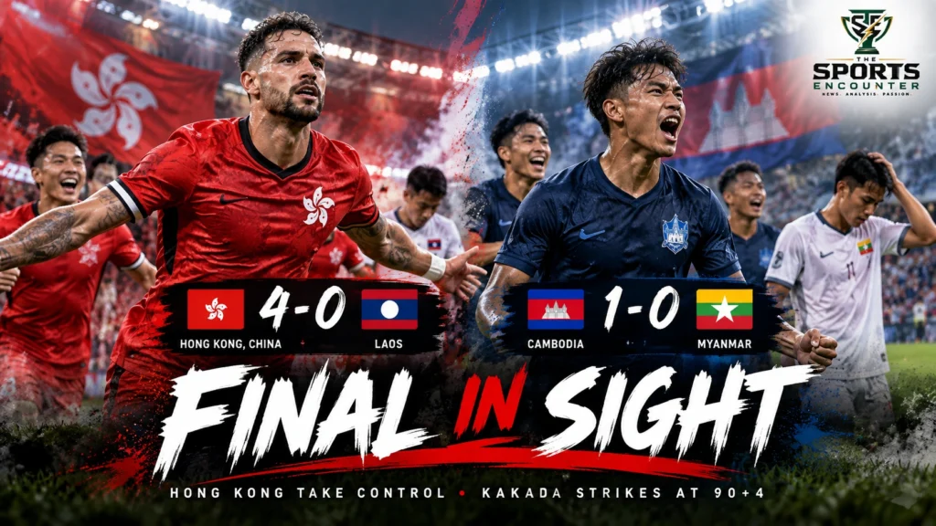 Everton Camargo celebrates Hong Kong’s 4-0 FIFA ASEAN Cup win over Laos as Kakada Sin celebrates Cambodia’s stoppage-time winner against Myanmar.