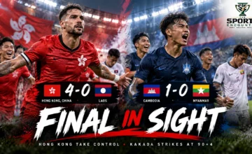 Everton Camargo celebrates Hong Kong’s 4-0 FIFA ASEAN Cup win over Laos as Kakada Sin celebrates Cambodia’s stoppage-time winner against Myanmar.