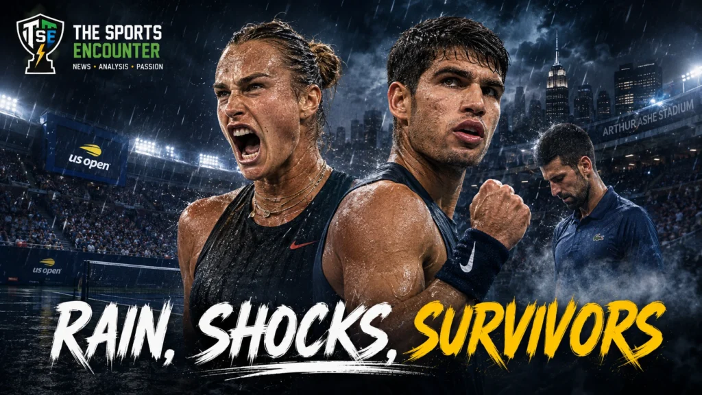 US Open 2026 players compete under dramatic New York skies as rain delays, major upsets and surprise advances reshape the tournament.