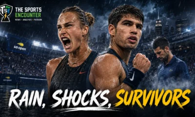 US Open 2026 players compete under dramatic New York skies as rain delays, major upsets and surprise advances reshape the tournament.
