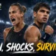 US Open 2026 players compete under dramatic New York skies as rain delays, major upsets and surprise advances reshape the tournament.