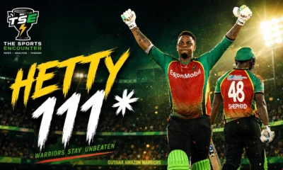 Shimron Hetmyer celebrates his unbeaten 111 for Guyana Amazon Warriors against Trinbago Knight Riders in CPL 2026 Match 22.