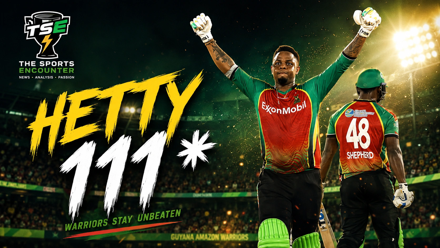 Shimron Hetmyer celebrates his unbeaten 111 for Guyana Amazon Warriors against Trinbago Knight Riders in CPL 2026 Match 22.