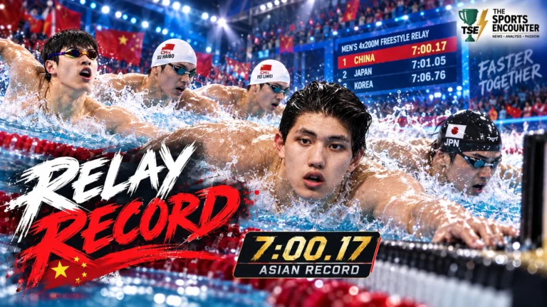 Zhang Zhanshuo anchors China’s men’s 4x200m freestyle relay to Asian Games gold and a 7:00.17 Asian record in Tokyo.