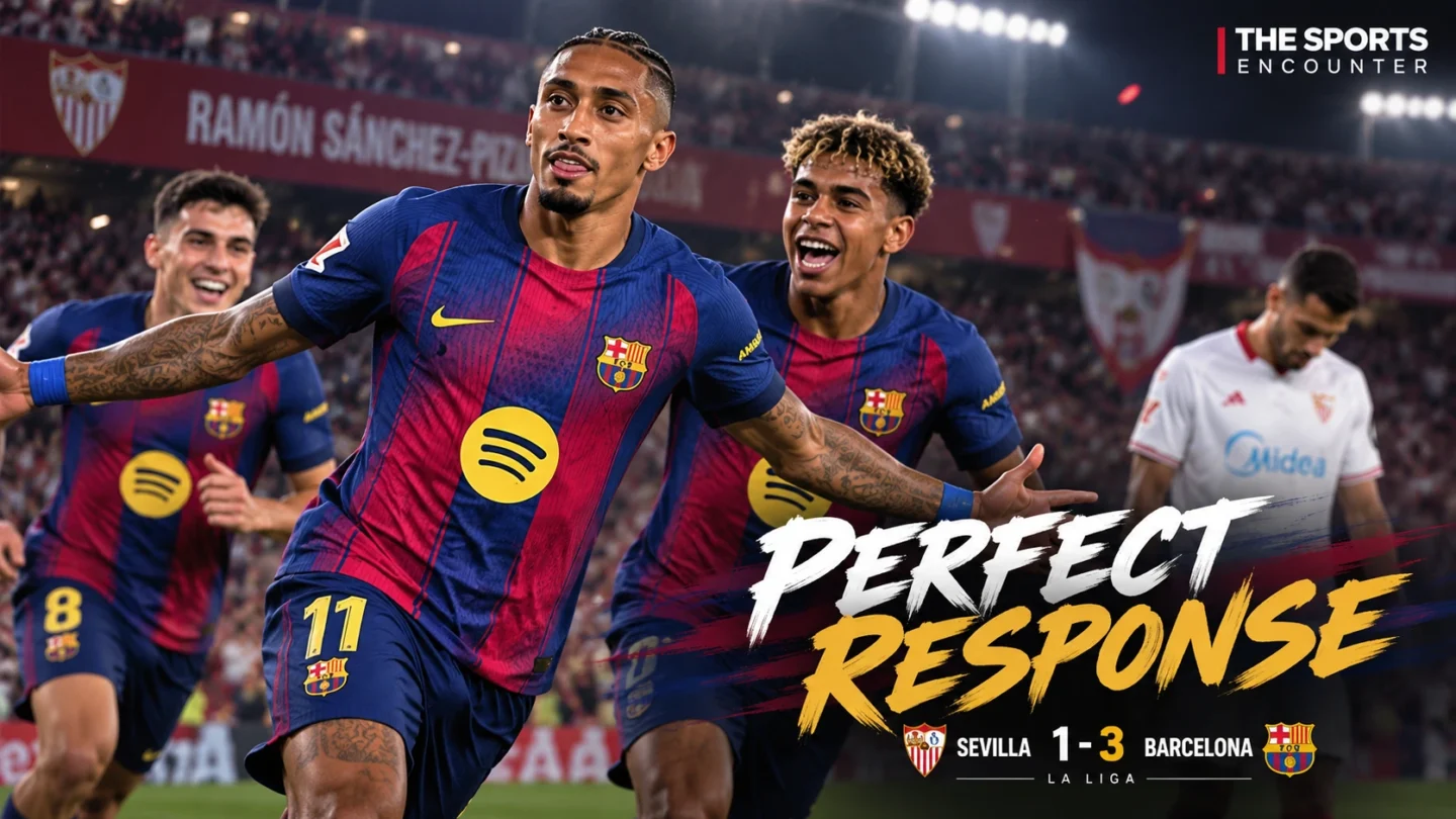 Raphinha celebrates with Lamine Yamal and Barcelona teammates after completing a hat trick in the 3-1 La Liga win over Sevilla at Ramón Sánchez-Pizjuán.