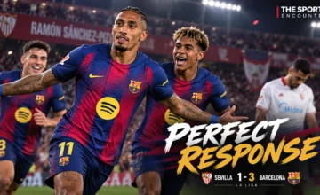 Raphinha celebrates with Lamine Yamal and Barcelona teammates after completing a hat trick in the 3-1 La Liga win over Sevilla at Ramón Sánchez-Pizjuán.
