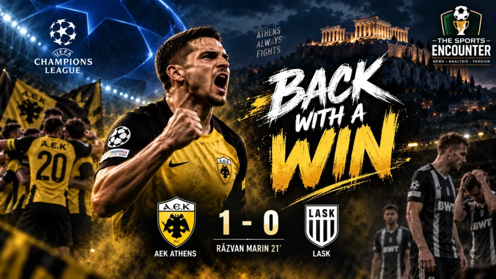 Răzvan Marin celebrates after scoring the decisive free kick in AEK Athens’ 1-0 Champions League win over LASK in Athens.