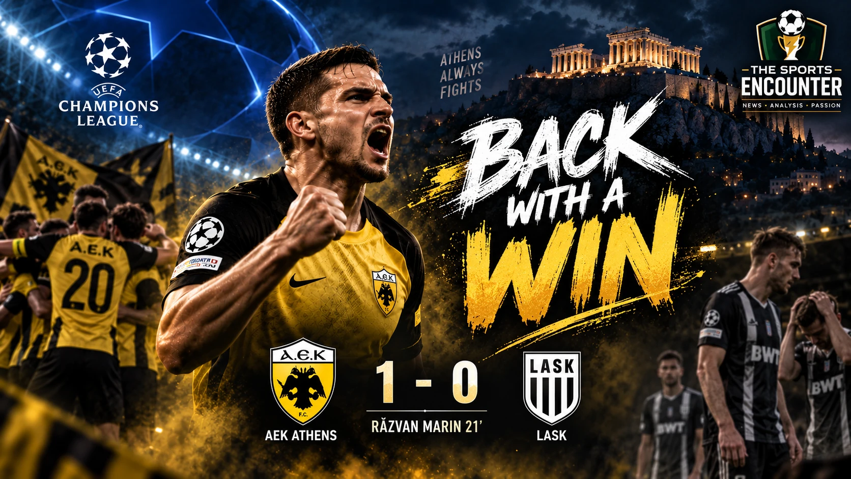 Răzvan Marin celebrates after scoring the decisive free kick in AEK Athens’ 1-0 Champions League win over LASK in Athens.
