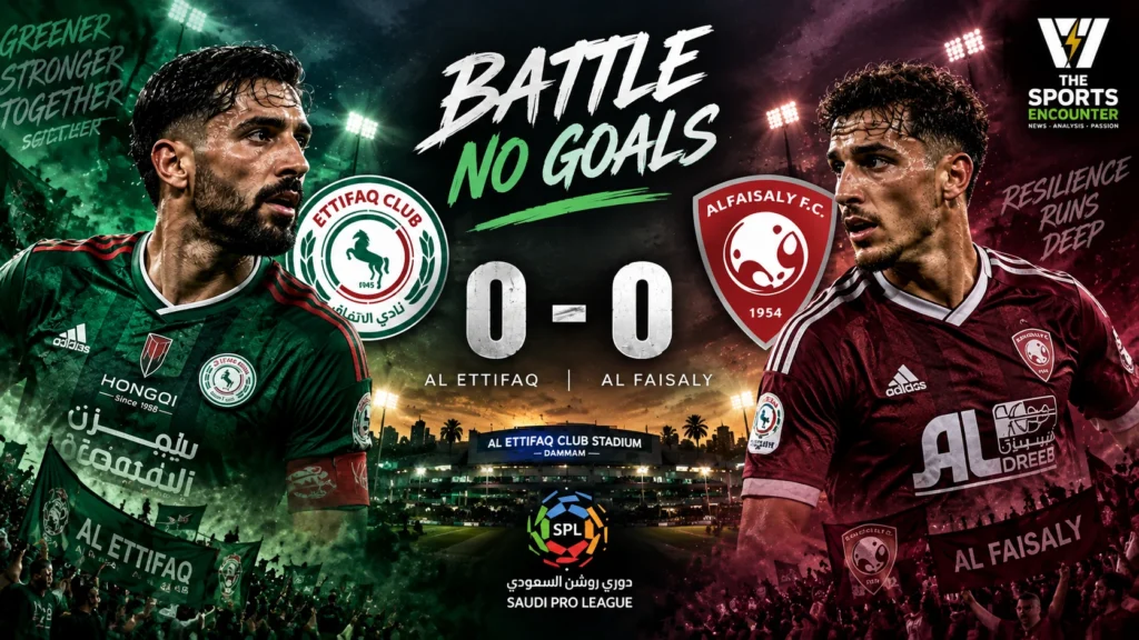 Al Ettifaq and Al Faisaly players during their 0-0 Saudi Pro League draw in Dammam, Saudi Arabia.