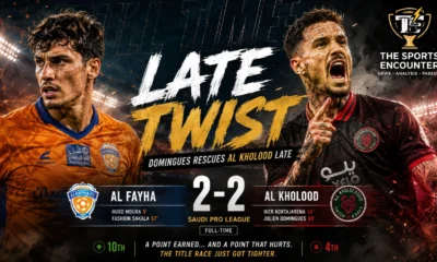 Al Fayha and Al Kholood players in a cinematic Saudi Pro League Matchweek 5 graphic after their 2-2 draw, with Julien Domingues scoring a late equalizer to preserve Al Kholood’s unbeaten run.