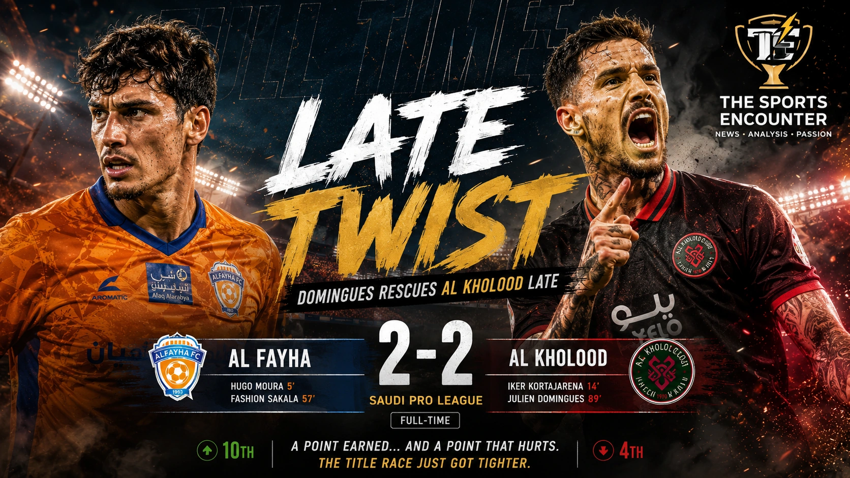 Al Fayha and Al Kholood players in a cinematic Saudi Pro League Matchweek 5 graphic after their 2-2 draw, with Julien Domingues scoring a late equalizer to preserve Al Kholood’s unbeaten run.