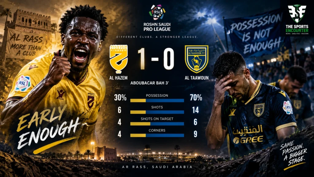 Al Hazem and Al Taawoun players during Al Hazem’s 1-0 Saudi Pro League win in Ar Rass, decided by Aboubacar Bah’s third-minute goal.