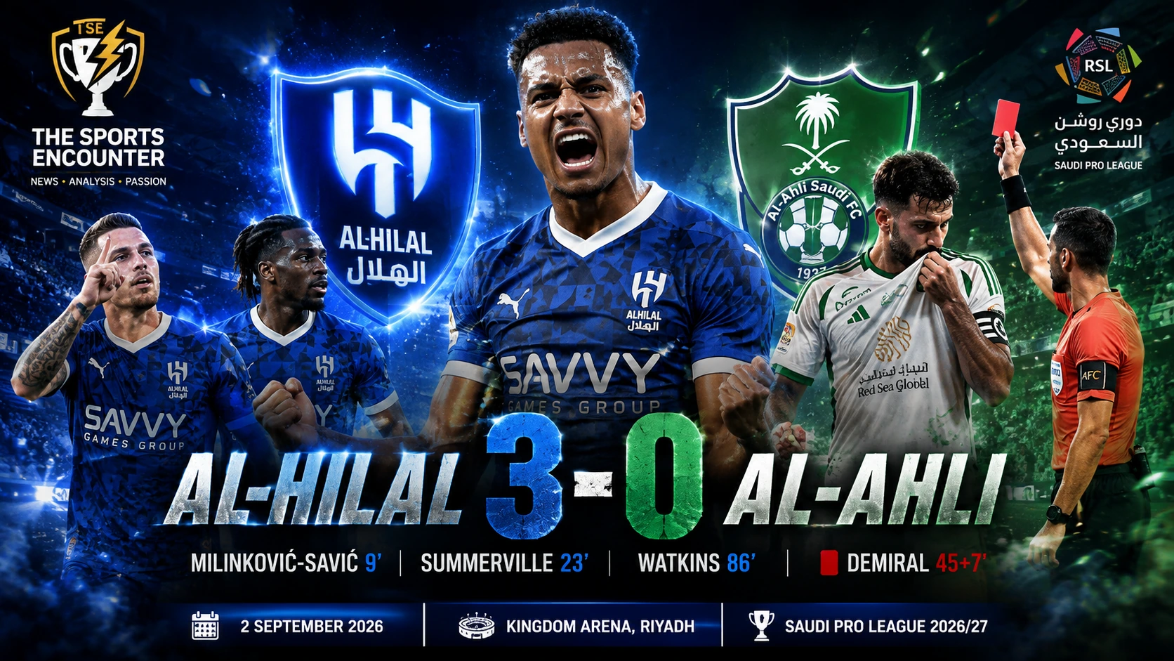 Ollie Watkins celebrates for Al-Hilal after scoring in a 3-0 Saudi Pro League win over Al-Ahli in Riyadh.