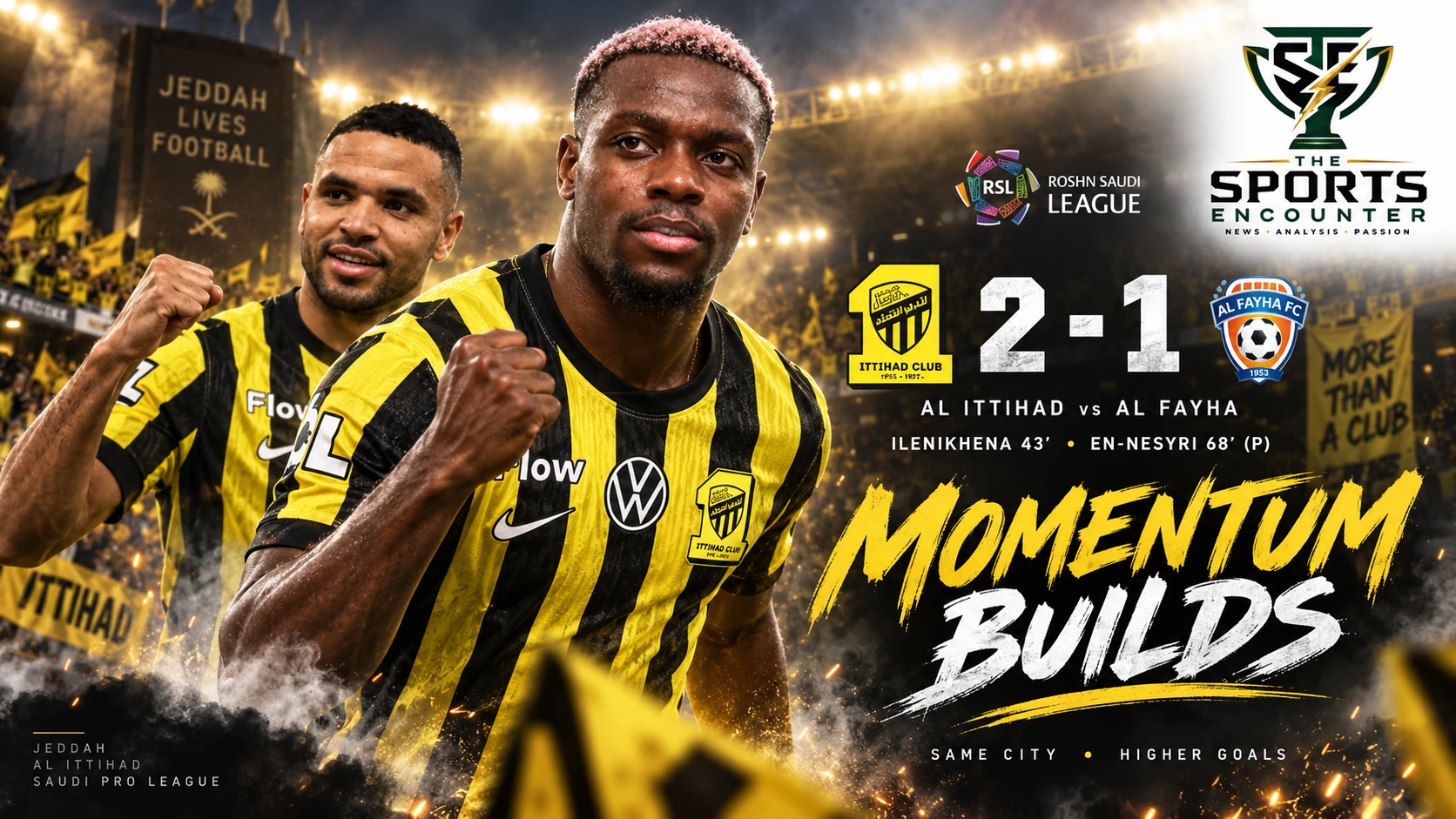 George Ilenikhena and Al Ittihad players celebrate during their 2-1 Saudi Pro League win over Al Fayha in Jeddah.