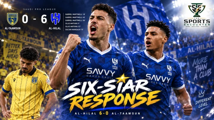 Gabriel Martinelli and Ollie Watkins celebrate Al-Hilal’s 6-0 Saudi Pro League win over Al-Taawoun, with Martinelli scoring a hat-trick and Watkins adding two goals.