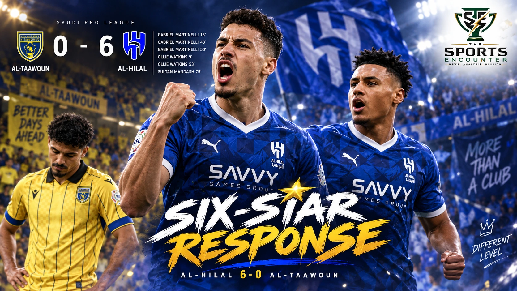 Gabriel Martinelli and Ollie Watkins celebrate Al-Hilal’s 6-0 Saudi Pro League win over Al-Taawoun, with Martinelli scoring a hat-trick and Watkins adding two goals.