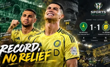 Cristiano Ronaldo and Abdullah Al-Hamdan feature in a cinematic graphic after Al-Nassr drew 1-1 with Al-Khaleej, extending their Saudi Pro League scoring streak to 94 matches.