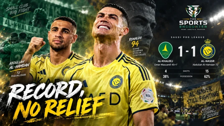 Cristiano Ronaldo and Abdullah Al-Hamdan feature in a cinematic graphic after Al-Nassr drew 1-1 with Al-Khaleej, extending their Saudi Pro League scoring streak to 94 matches.