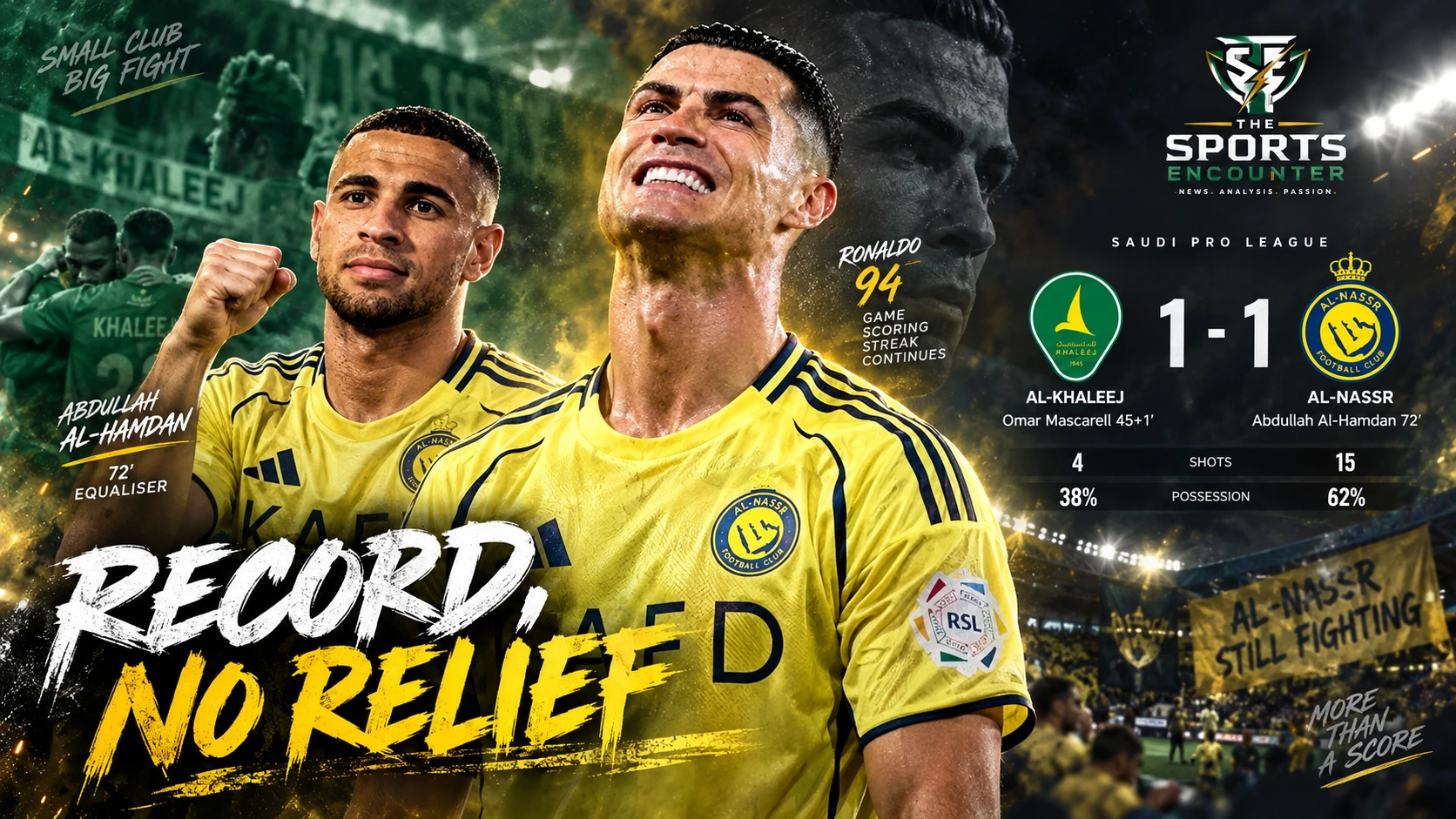 Cristiano Ronaldo and Abdullah Al-Hamdan feature in a cinematic graphic after Al-Nassr drew 1-1 with Al-Khaleej, extending their Saudi Pro League scoring streak to 94 matches.