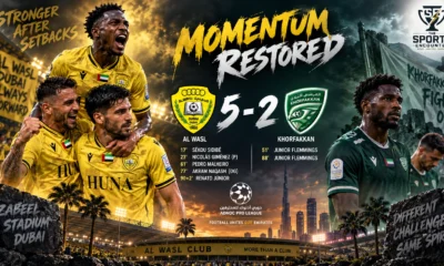 Al Wasl players celebrate a 5-2 ADNOC Pro League win over Khorfakkan at Zabeel Stadium as the team restores momentum before facing Al Ain and Asian competition.