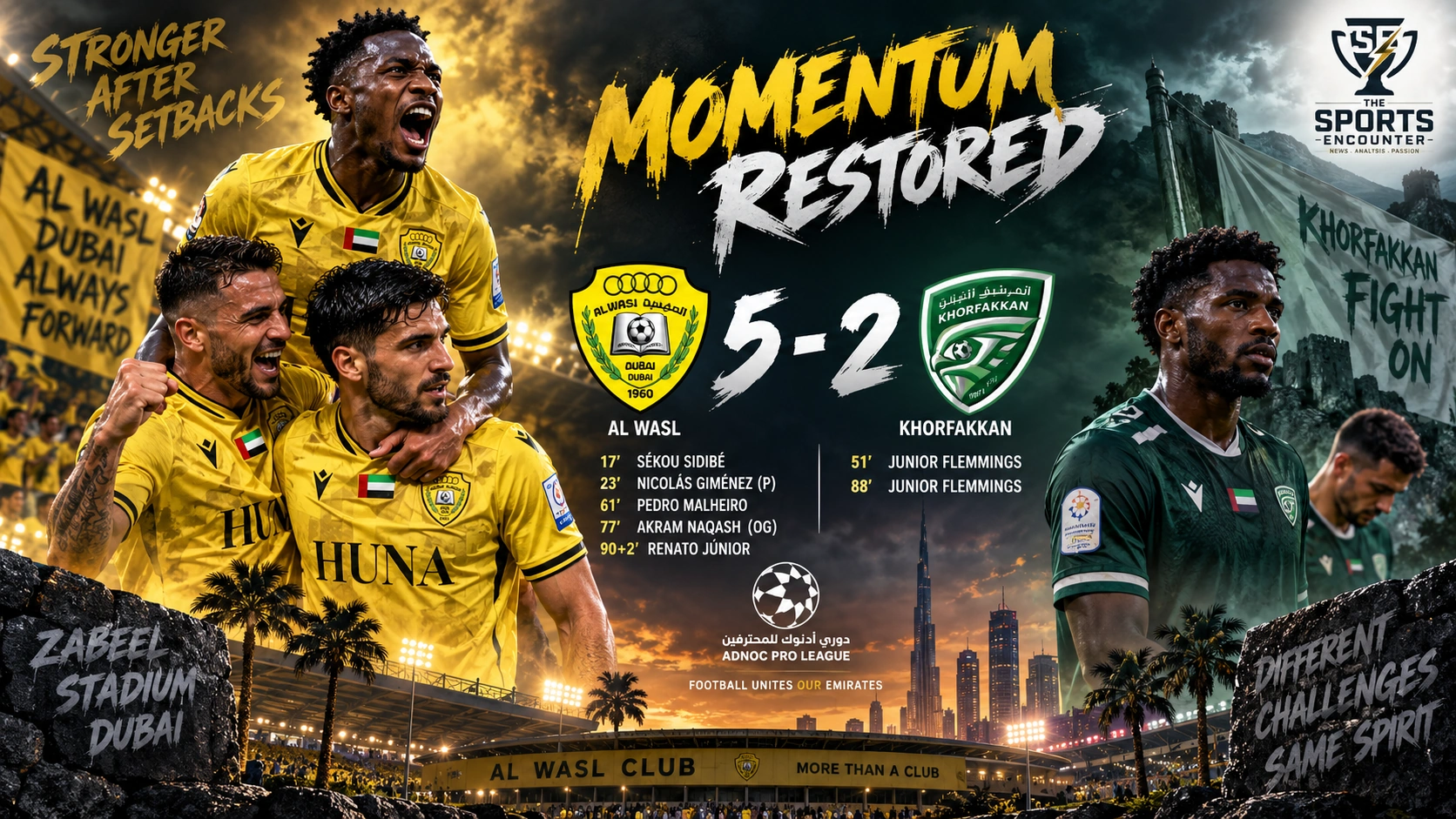 Al Wasl players celebrate a 5-2 ADNOC Pro League win over Khorfakkan at Zabeel Stadium as the team restores momentum before facing Al Ain and Asian competition.