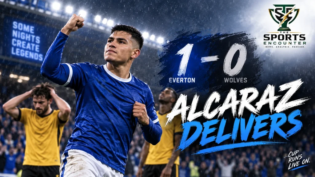 Charly Alcaraz celebrates Everton's winning goal against Wolverhampton Wanderers in their 1-0 Carabao Cup third-round victory at Hill Dickinson Stadium.