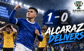 Charly Alcaraz celebrates Everton's winning goal against Wolverhampton Wanderers in their 1-0 Carabao Cup third-round victory at Hill Dickinson Stadium.