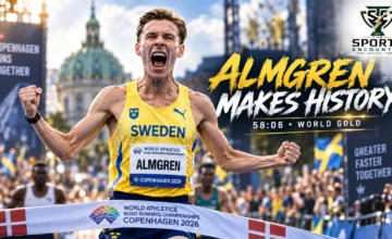 Andreas Almgren celebrates after winning the 2026 World Athletics Road Running Championships men’s half marathon in Copenhagen in a European-record 58:06.
