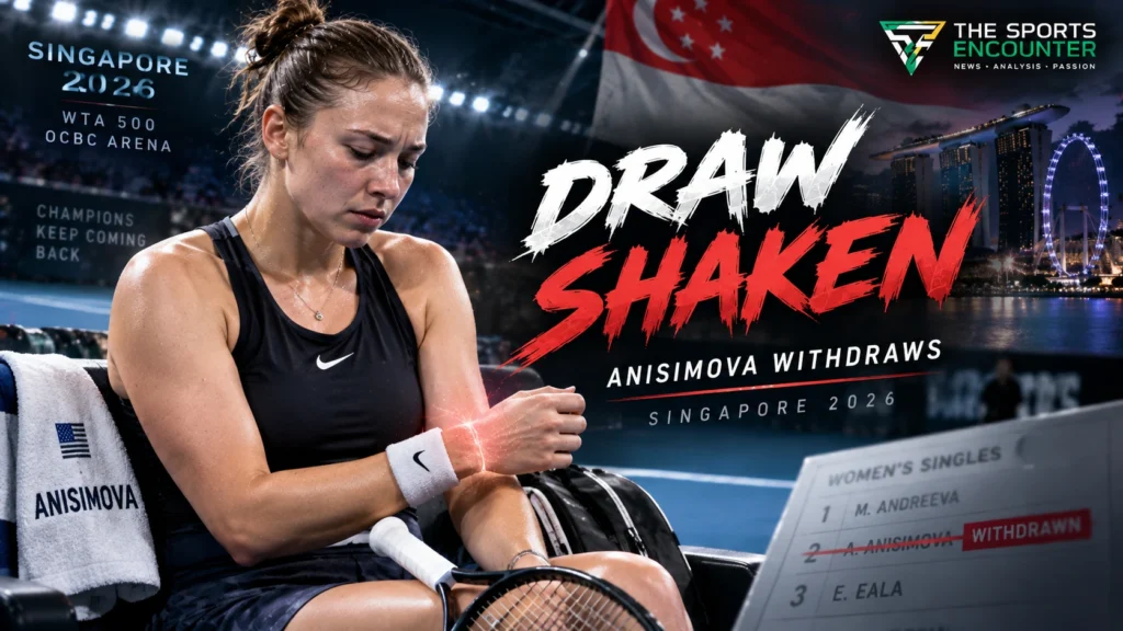 Amanda Anisimova during the 2026 WTA season, with Singapore Open imagery representing her withdrawal before her scheduled second-round match against Talia Gibson.