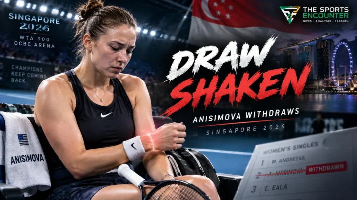 Amanda Anisimova during the 2026 WTA season, with Singapore Open imagery representing her withdrawal before her scheduled second-round match against Talia Gibson.