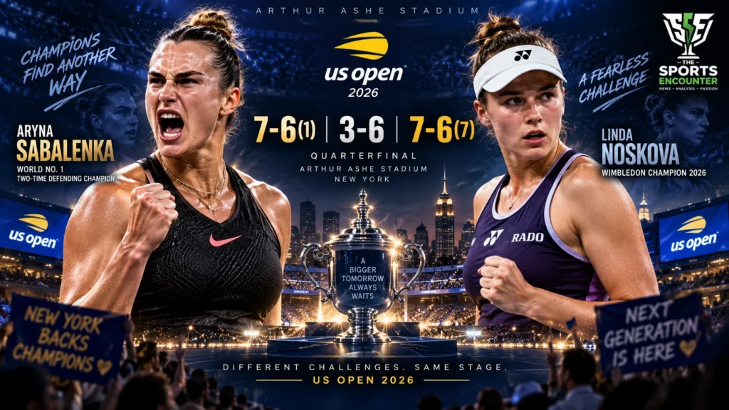 Aryna Sabalenka and Linda Noskova during their three-set US Open 2026 quarterfinal at Arthur Ashe Stadium, where Sabalenka advanced after winning both tiebreaks.