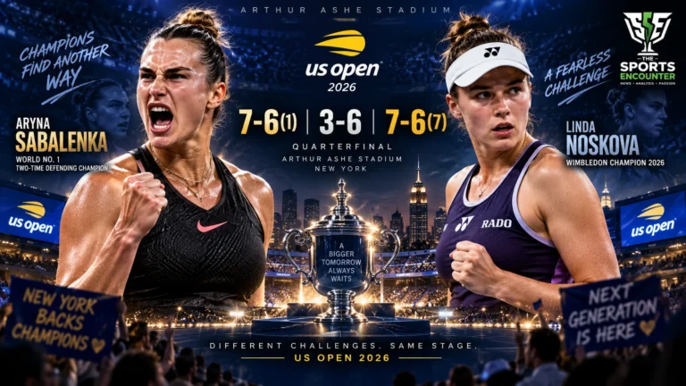 Aryna Sabalenka and Linda Noskova during their three-set US Open 2026 quarterfinal at Arthur Ashe Stadium, where Sabalenka advanced after winning both tiebreaks.