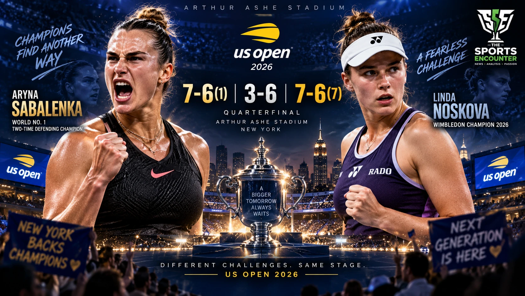 Aryna Sabalenka and Linda Noskova during their three-set US Open 2026 quarterfinal at Arthur Ashe Stadium, where Sabalenka advanced after winning both tiebreaks.