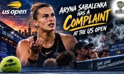 Aryna Sabalenka reacts during her US Open third-round match against Kamilla Rakhimova after complaining about a strong marijuana odor at Louis Armstrong Stadium.