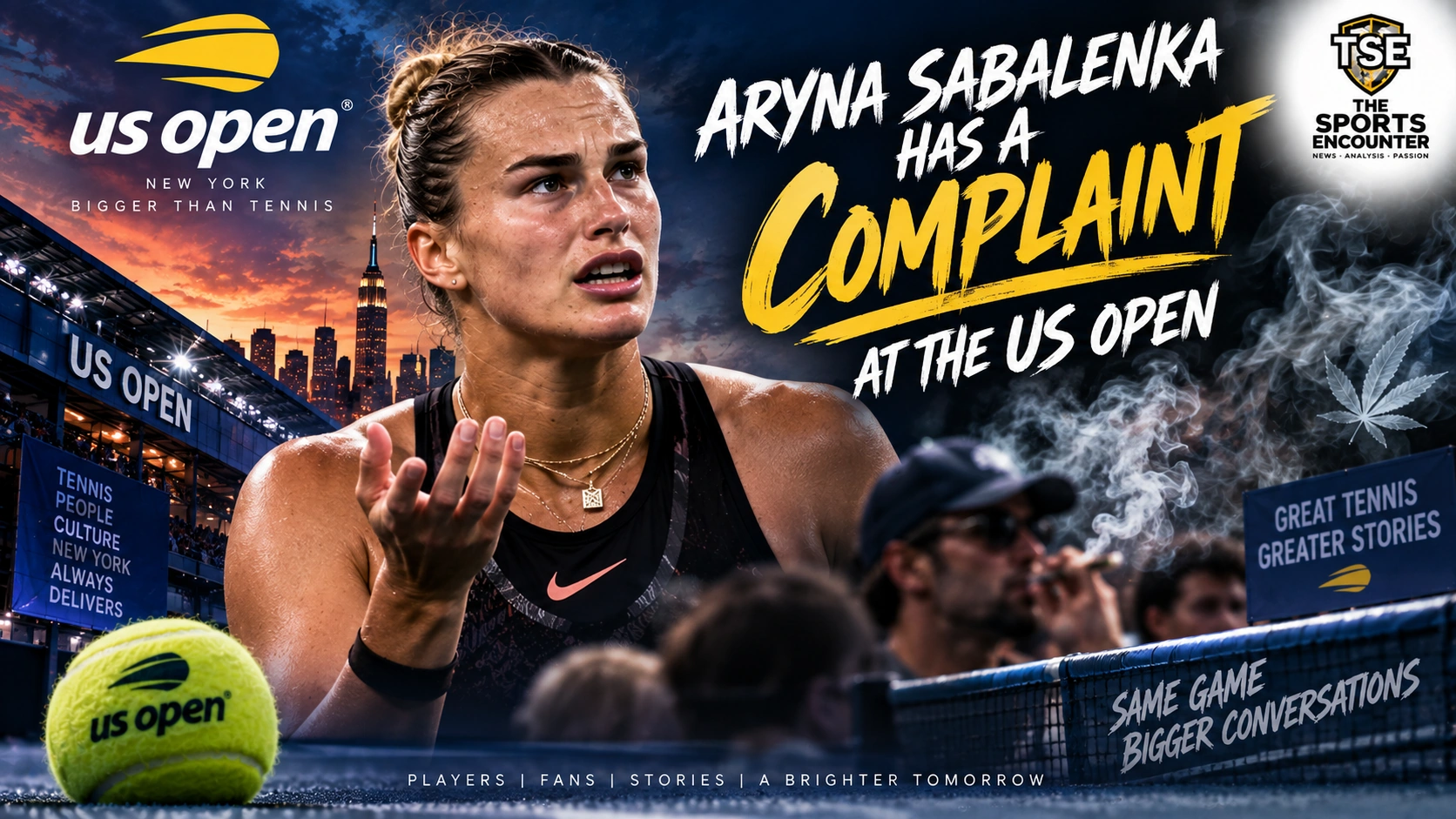 Aryna Sabalenka reacts during her US Open third-round match against Kamilla Rakhimova after complaining about a strong marijuana odor at Louis Armstrong Stadium.