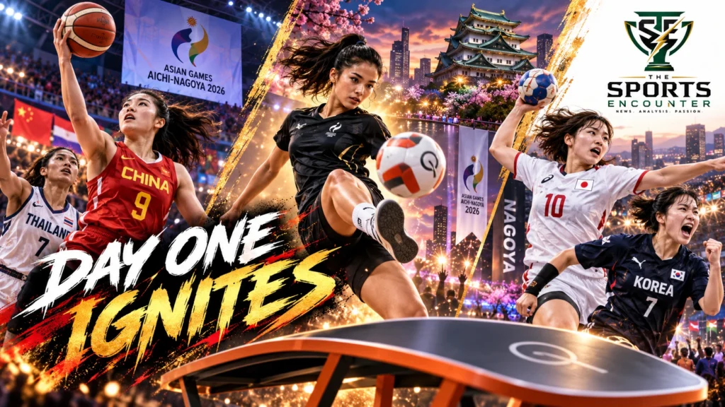 Asian Games 2026 Day 1 action featuring teqball semifinals, China's women's basketball victory and Japan and South Korea handball wins in Aichi-Nagoya.