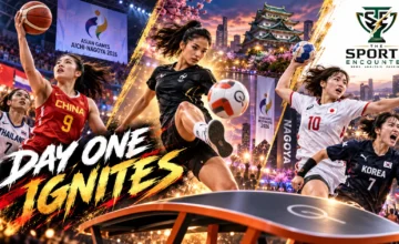 Asian Games 2026 Day 1 action featuring teqball semifinals, China's women's basketball victory and Japan and South Korea handball wins in Aichi-Nagoya.