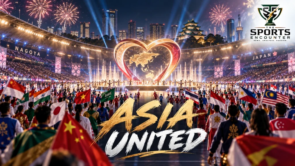 Athletes parade during the Asian Games 2026 opening ceremony at Nagoya City Mizuho Park Athletic Stadium in Japan under the Harmonic Heart Beat theme.