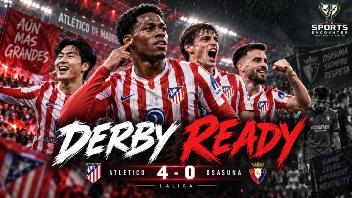 Jonathan David celebrates for Atlético Madrid during their 4-0 La Liga victory over Osasuna at the Riyadh Air Metropolitano.