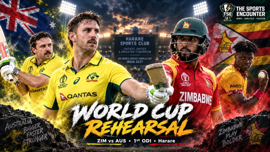 Mitchell Marsh and Travis Head represent Australia opposite Sikandar Raza and Blessing Muzarabani of Zimbabwe ahead of the 2026 ODI series at Harare Sports Club.