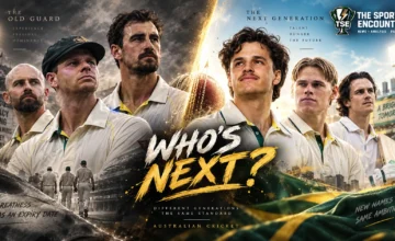 Australia veterans Steve Smith, Mitchell Starc and Nathan Lyon face emerging talents Sam Konstas, Cooper Connolly and Ollie Peake in a visual representation of Australian cricket's generational transition.