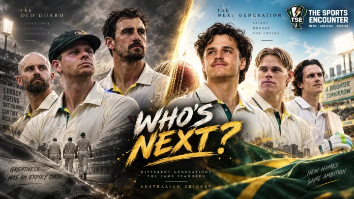 Australia veterans Steve Smith, Mitchell Starc and Nathan Lyon face emerging talents Sam Konstas, Cooper Connolly and Ollie Peake in a visual representation of Australian cricket's generational transition.