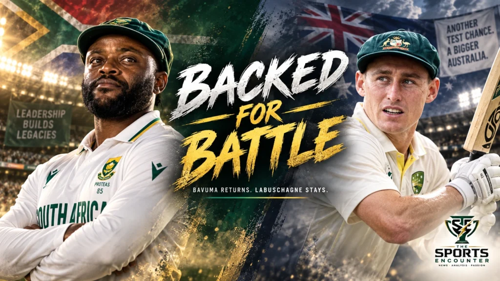Temba Bavuma and Marnus Labuschagne feature in a South Africa versus Australia cricket graphic highlighting the ODI and Test squad decisions for the 2026 series.