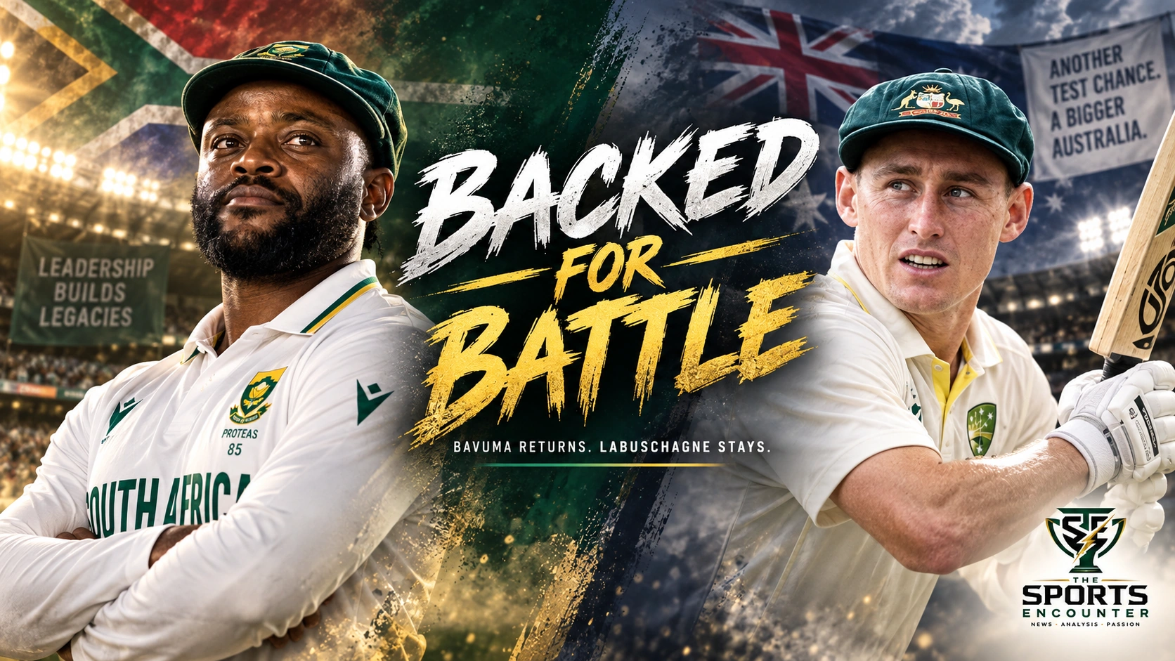 Temba Bavuma and Marnus Labuschagne feature in a South Africa versus Australia cricket graphic highlighting the ODI and Test squad decisions for the 2026 series.