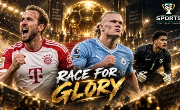 Harry Kane, Erling Haaland and Cape Verde goalkeeper Vozinha feature in a cinematic Ballon d’Or 2026 graphic with a golden trophy and the headline “Race for Glory.”
