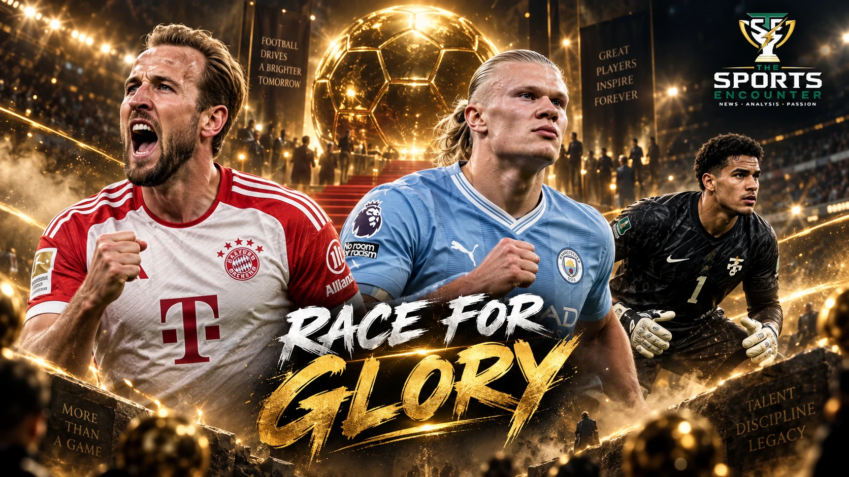 Harry Kane, Erling Haaland and Cape Verde goalkeeper Vozinha feature in a cinematic Ballon d’Or 2026 graphic with a golden trophy and the headline “Race for Glory.”