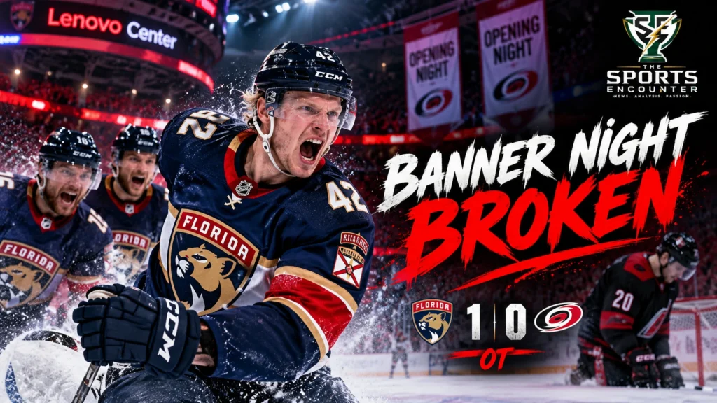 Gustav Forsling celebrates his overtime winner as the Florida Panthers beat the Carolina Hurricanes 1-0 on 2026-27 NHL opening night.